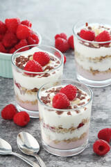 Granola with yogurt trifles with raspberry