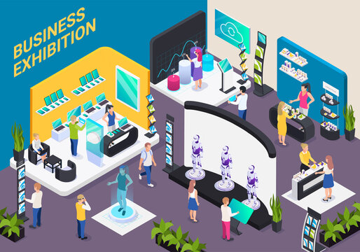 Modern Business Innovative Technology Exhibition Hall Isometric Composition