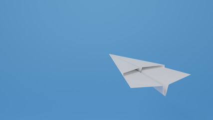 one white paper plane pointing up on blue background, air mailing, business direction concept, 3d rendering illustration