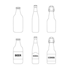 Vector outline illustration of glass bottles of beer, lemonade.
