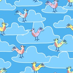 Fun Vector Repeat Pattern With Cute Birds And Blue Clouds On A Sky blue Background