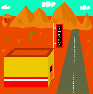 pawnshop in the style of the wild west and the road in the desert on the fne mountains