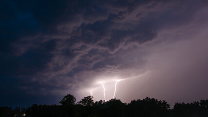 Three thunder lightnings over trees at night. Dramatic photo of lightnings during the rain