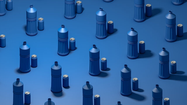 Plastic bottles and blue cans on blue background