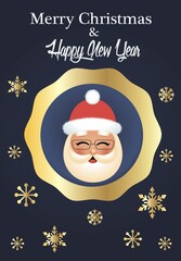 Cute Christmas illustration with Santa Claus and snowflakes. Rich winter blue background.