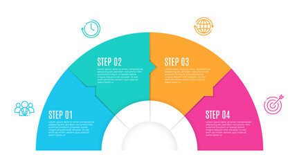 Timeline infographic template, Half circle 4 steps.