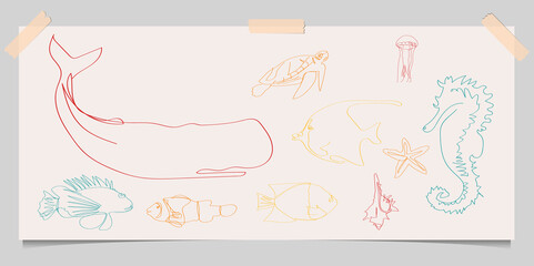 Sea creature sketch by hand in a tape paper background