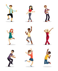 Fototapeta na wymiar Cheerful dancing people set. Joyful girls and boys jump up and have fun party energy friendly happiness with celebration birthday and holiday friendship events. Vector cartoon happiness.