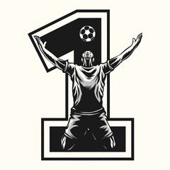 Black and white illustration of soccer player on a background of numbers to use as a component of a sports jersey.