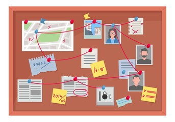 Detective board with facts and suspects illustration. Investigation sorting of evidence pinned with pins tied red threads workplace police investigator search for criminal. Vector scheme. - obrazy, fototapety, plakaty