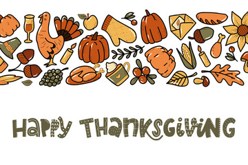 hand lettering quote 'Happy Thanksgiving' decorated with horizontal border of doodles. Good for prints, posters, cards, invitations, banners, templates, etc. EPS 10