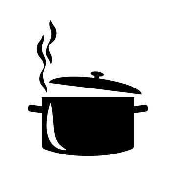 Cooking pot black icon. Hot boiling meal pot with open lid symbol. Vector illustration isolated on white background.