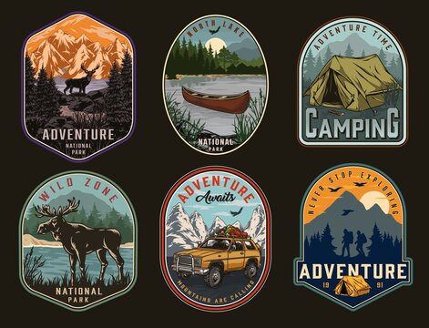Camping and national park vintage labels