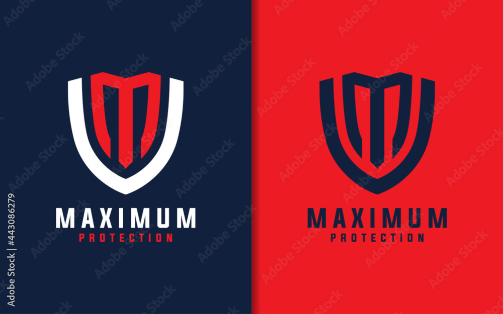 Poster maximum protection logo design. abstract shield combined with initial letter m concept logo design.