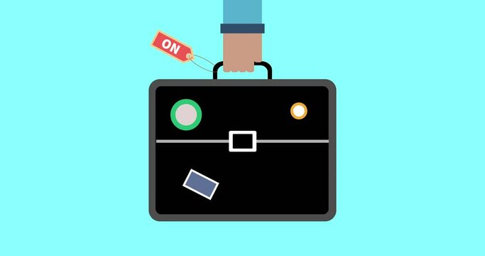 Black men travel bag in hand. Colorful stickers and tags. Landmark labels are glued to bag. Business briefcase for documents on blue background. Idea for business and travel. Motion animation 4k video
