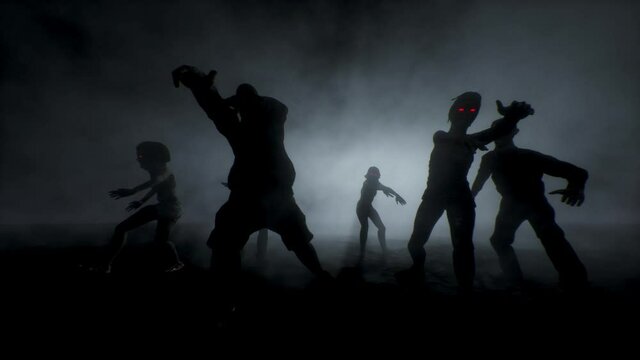 Group of scary attacking zombies . Halloween concept.
