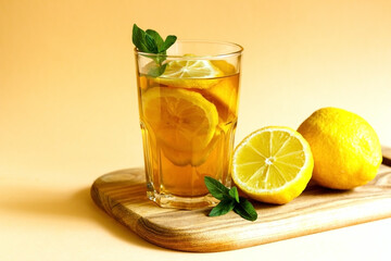 Fototapeta premium Refreshing Iced Tea Out Of Black Tea, Lemon Slices, Garnished With Fresh Mint Leaves.