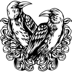 Two Crows With Flowers Silhouette