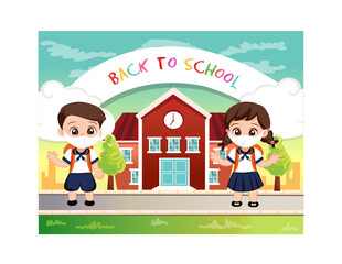 Back to school for new normal lifestyle poster. happy kids wearing face mask go to school and social distancing protect coronavirus covid 19