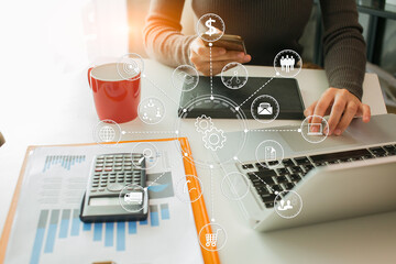 Business strategy investment concept Two businessman confident and discussing at office with icons...