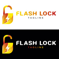 Creative Lock Concept Logo Design with flash icon. Perfect use for business company. Corporate identity design element. Technology, Network safety. Connect, integrate, circle lock