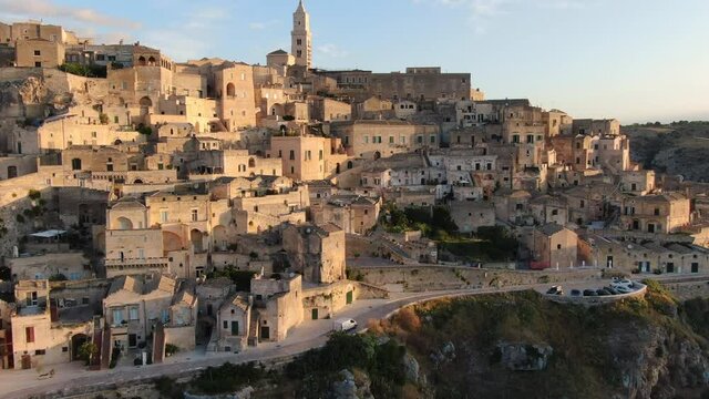 sassi di matera city centre aerial view drone rising up over old historic town basilicata italy