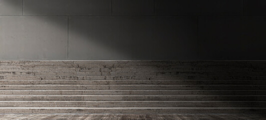 Empty dark abstract cement wall and studio room with concrete stairs in grey interior,success and growth concept interior texture for display products wall background..