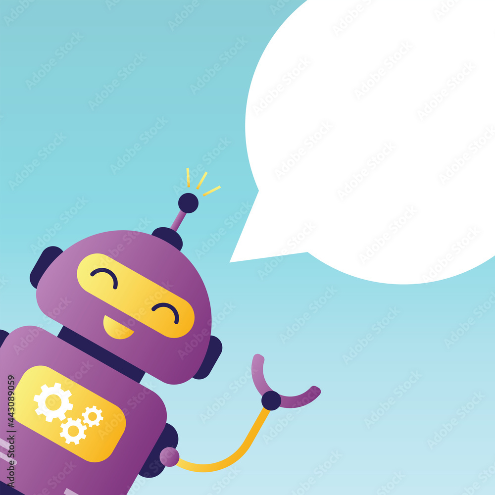 Aufkleber funny robot with white speech bubble. web banner template. chatbot character for help. virtual assis
