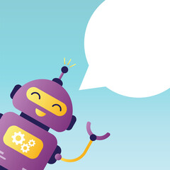 Funny robot with white speech bubble. Web banner template. Chatbot character for help. Virtual assistant, online client support.