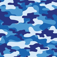 Camouflage texture seamless pattern. Abstract modern military camo background for fabric and fashion textile print. Vector blue illustration.