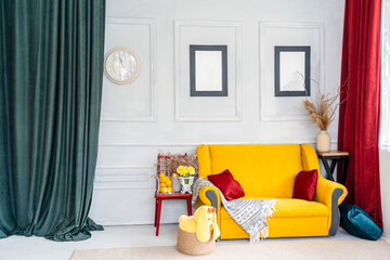Room interior decorated with yellow sofa. Concept of beautiful photo studio and design