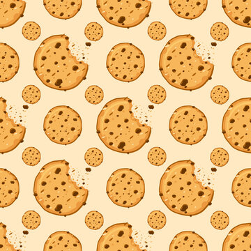 chocolate chip cookies pattern. Bitten, broken, crumbs. on the cream color background,Cartoon vector illustration.