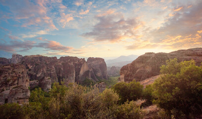 Mountain in Meteora, Greece. Rocks and summer sunset sky