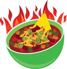 Delicous fire loaded chili con carne bowl cheese mexican  illustration vector cartoon - obrazy, fototapety, plakaty