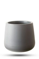 Empty gray modern plastic pots isolated on white background. Empty pots for grafic design to fit plants or flower.