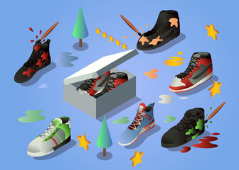 Isometric Vector Illustration Representing Sneakers Painting Game