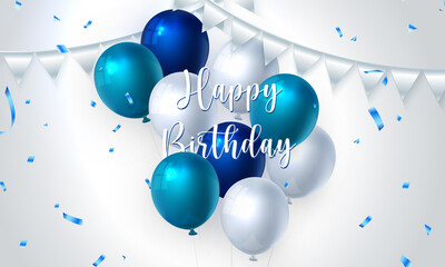 Elegant blue ballon and ribbon Happy Birthday celebration card banner template background