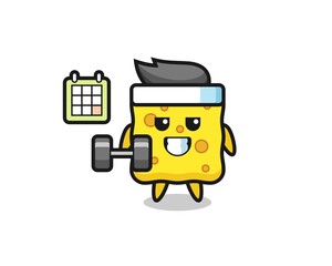 sponge mascot cartoon doing fitness with dumbbell
