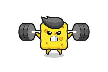sponge mascot cartoon with a barbell