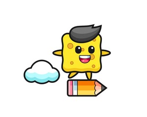 sponge mascot illustration riding on a giant pencil