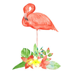 Watercolor flamingo and exotic flowers bouquet isolated on a white background. Hand-drawn pink tropical bird clipart. Colorful flamingo on one leg. Beautiful print.