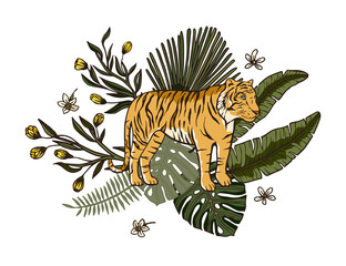 Jungle cartoon tropical bengal tiger animal printable art. Palm exotic wildlife cat illustration. Chinese new year 2022.