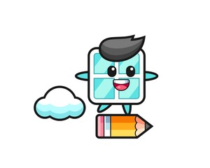 window mascot illustration riding on a giant pencil