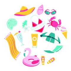 Vector summertime clipart. Summer set with cute beach elements: bikini, flip flops, swim ring, deck chair, glasses. flat cartoon vector illustration.

