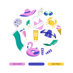 Fototapeta premium Vector summertime clipart. Summer set with cute beach elements: bikini, flip flops, swim ring, deck chair, glasses. flat cartoon vector illustration.