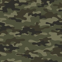 Camouflage seamless pattern. Trendy style camo, repeat print. Vector illustration. Khaki texture, military green army hunting