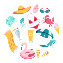 Vector summertime clipart. Summer set with cute beach elements: bikini, flip flops, swim ring, deck chair, glasses. flat cartoon vector illustration.

