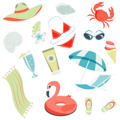 Vector summertime clipart. Summer set with cute beach elements: bikini, flip flops, swim ring, deck...