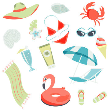 Vector summertime clipart. Summer set with cute beach elements: bikini, flip flops, swim ring, deck chair, glasses. flat cartoon vector illustration.

