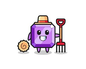 Mascot character of purple gemstone as a farmer